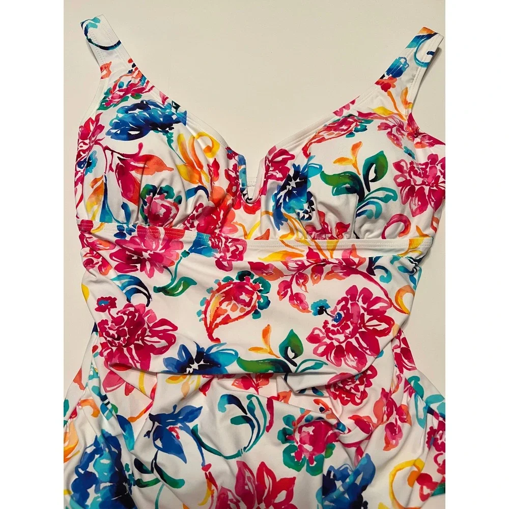 Anne Cole Womens Floral Paisley Ruched One Piece Swimsuit White‎ Multi Color 12